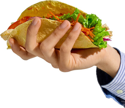 Side view of male hand gripping fresh taco stuffed with vegetables and lettuce in soft shell tortilla. Concept of culinary blogging visuals, restaurant promo material