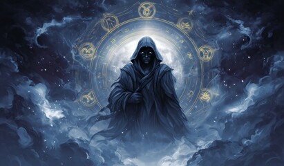 digital art selected for the #. a man in a hooded jacket standing in the clouds. a painting of a man with a clock on his head