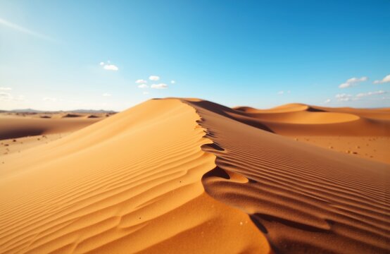 A vast desert landscape featuring golden sand dunes under a clear blue sky