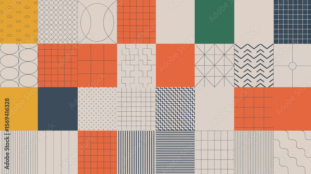 Poster An array of square tiles featuring geometric patterns and solid colors in a grid arrangement format