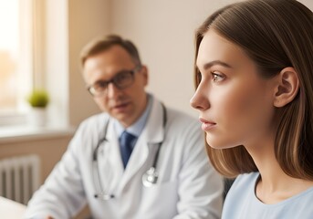 Doctor consulting young woman in medical office during appointment  