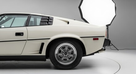 Cream-colored vintage sports car rear in studio setting with lighting equipment