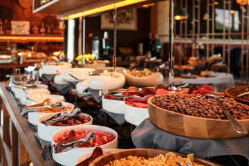 Rich hotel breakfast buffet with bowls of fresh fruits, cereals, nuts, cheeses, and cold cuts....