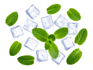 Top view of crisp mint leaves and frosty ice cubes arranged loosely, clean summer bev