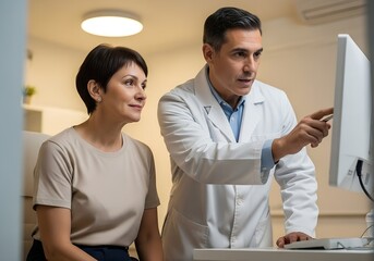 Obraz premium Doctor explaining medical information to woman in office setting 