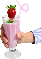 Hand holding a strawberry milkshake in a clear glass with a red berry and twisted straw. Concept of refreshment marketing, take-away drink and beverage product showcase