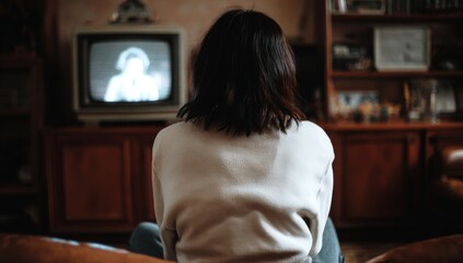a woman sitting in front of a tv. a woman sitting on a couch watching a television. a woman sitting in a chair watching tv