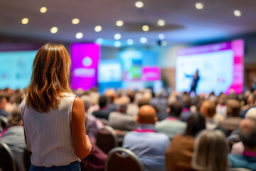 Woman observing business speaker during vibrant modern conference session