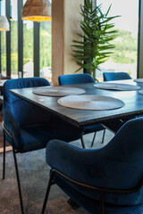Modern restaurant interior with dark wooden table, blue velvet chairs, placemats, and large windows with natural light and green outdoor view