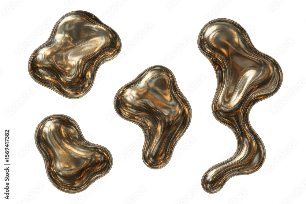 Poster set of golden liquid blobs isolated on a transparent background, abstract design