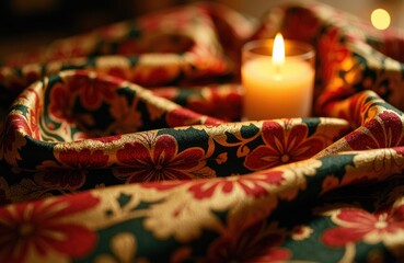 Candlelight illuminates a floral fabric with warm, cozy ambiance and soft glow