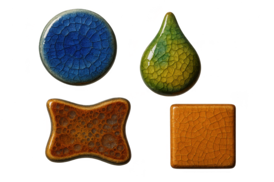 Four ceramic pieces isolated on transparent background, unique abstract shapes