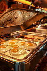 Close-up of sunny-side-up fried eggs in a stainless steel food warmer at buffet. Open lid with steam, warm lighting, catering or hotel breakfast setting