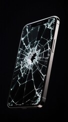 A shattered smartphone screen against a black background suggests fragility and technological breakdown , ideal for illustrations on digital vulnerability and device repair services