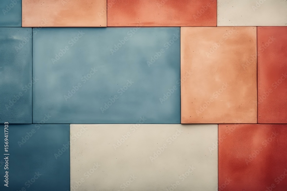 Poster modern wall cladding using large rectangular concrete tiles, creating a colorful and geometric patte