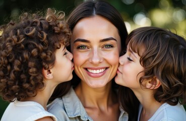 Happy woman with dark hair smiles as two children kiss her cheeks outdoors