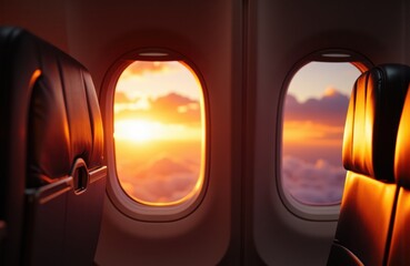 A view of airplane windows showing a vibrant sunset sky with clouds outside the aircraft cabin