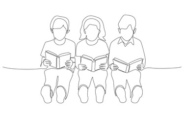 Continuous one line drawing of children sitting in group reading books, shared learning and joy of reading concept, single line art