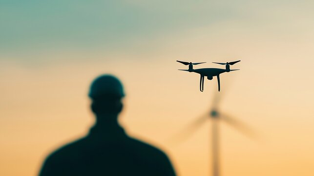 Drone Flying at Sunset Near Wind Turbine with Person