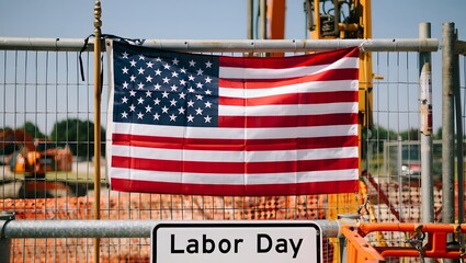 The american flag hangs on a construction site fence for labor day