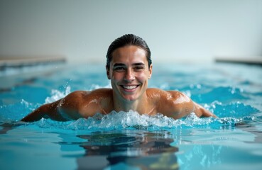 Smiling man swimming in pool with water splashing around him