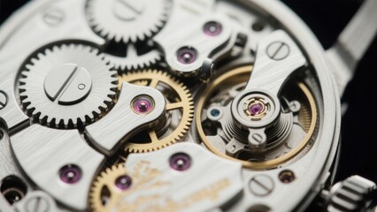 Close-up of a sophisticated mechanical watch movement with intricate gears, jewels, and meticulously crafted components showcasing the artistry of horology and precision engineering .
