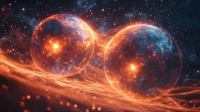 Quantum Entanglement Glowing Orbs Bridged by Cosmic Energy