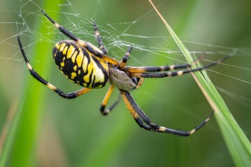 a yellow and black garden spider. a spider is sitting on a web in the grass. a yellow and black bird is flying through the air
