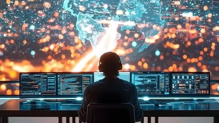 Futuristic quantum computing control room with holographic displays - Powered by Adobe