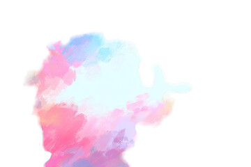 Abstract, soft, painted profile.  Pale pastel colors blend to create a hazy, ethereal head