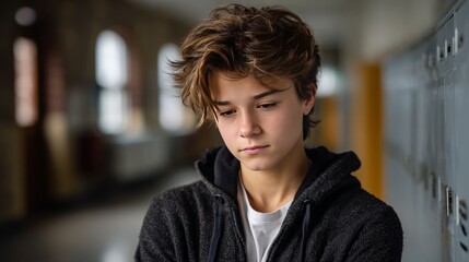 Worried Teenage Boy Standing Alone in School Hallway