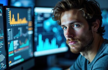 Man analyzing data on multiple computer screens displaying charts and graphs in a modern office setting