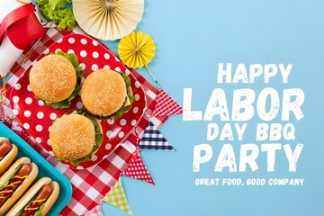 A happy labor day bbq party is set up with burgers and hotdogs