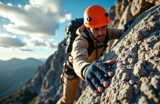 Climber ascending rocky cliff during outdoor adventure under a partly cloudy sky