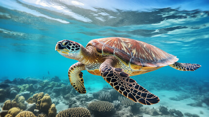 Sea turtle swimming gracefully through clear tropical ocean water with coral reef below