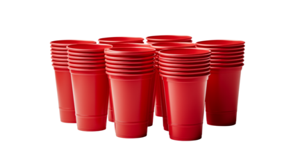 Several bright red plastic cups are stacked isolated on transparent background
