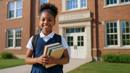 Smiling schoolgirl in uniform with backpack holding books outside brick school building on sunny day. Confident and happy learner.