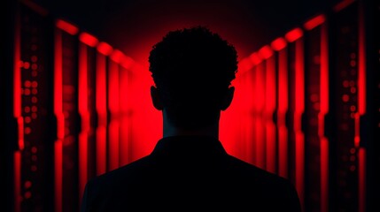 Man's Silhouette in Futuristic Red Light Corridor