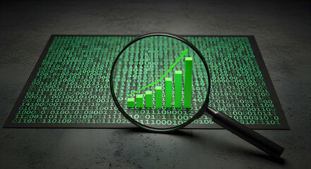 Magnifying glass focuses on green bar graph chart over a background of binary code