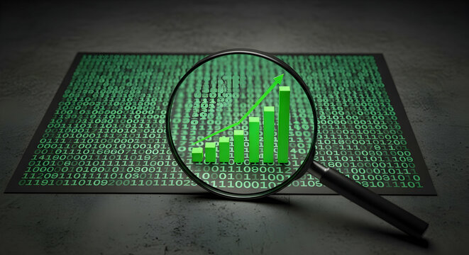 Magnifying glass focuses on green bar graph chart over a background of binary code