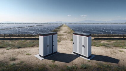 a row of solar panels. two white portable solar panels. a metal fence on the side of a waterway