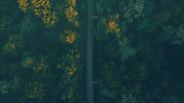 Aerial Forest Road with Power Lines in Autumn