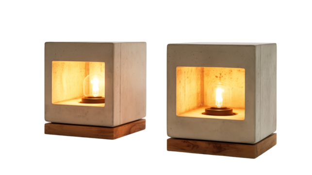 Two modern cube lamps light up a space, showcasing minimalist concrete design and warm glowing bulbs isolated on transparent background