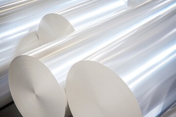 Close up of multiple rolls of clear polyester film in an industrial setting