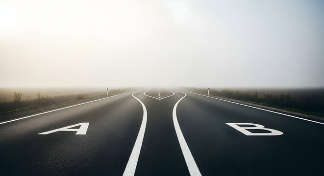 Foggy road, two paths diverge, choices A and B