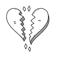 Broken heart vector illustration. Line drawing cartoon broken heart. Hand drawn shattered heart doodle art