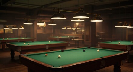 Atmospheric Pool Hall with Multiple Tables