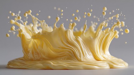 Golden liquid surge: dynamic splash with droplets in a creamy light-yellow hue