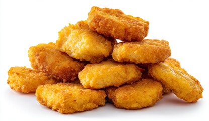 fried food on a white background. a pile of fried chicken nus. a pile of doughnuts sitting on top of each other