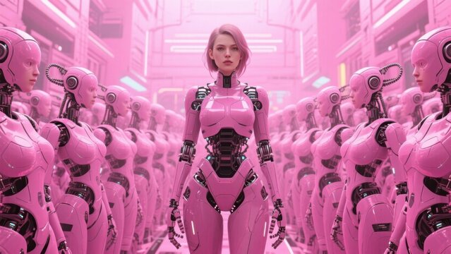 In a futuristic pink world, a humanoid robot stands out among its identical counterparts in a science fiction scene with glowing neon lights and advanced technology .
